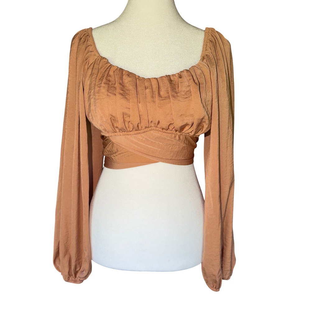 Forever 21 Ruched Wrap Tie Back Crop Top Sz M Terracotta Copper Balloon Sleeve